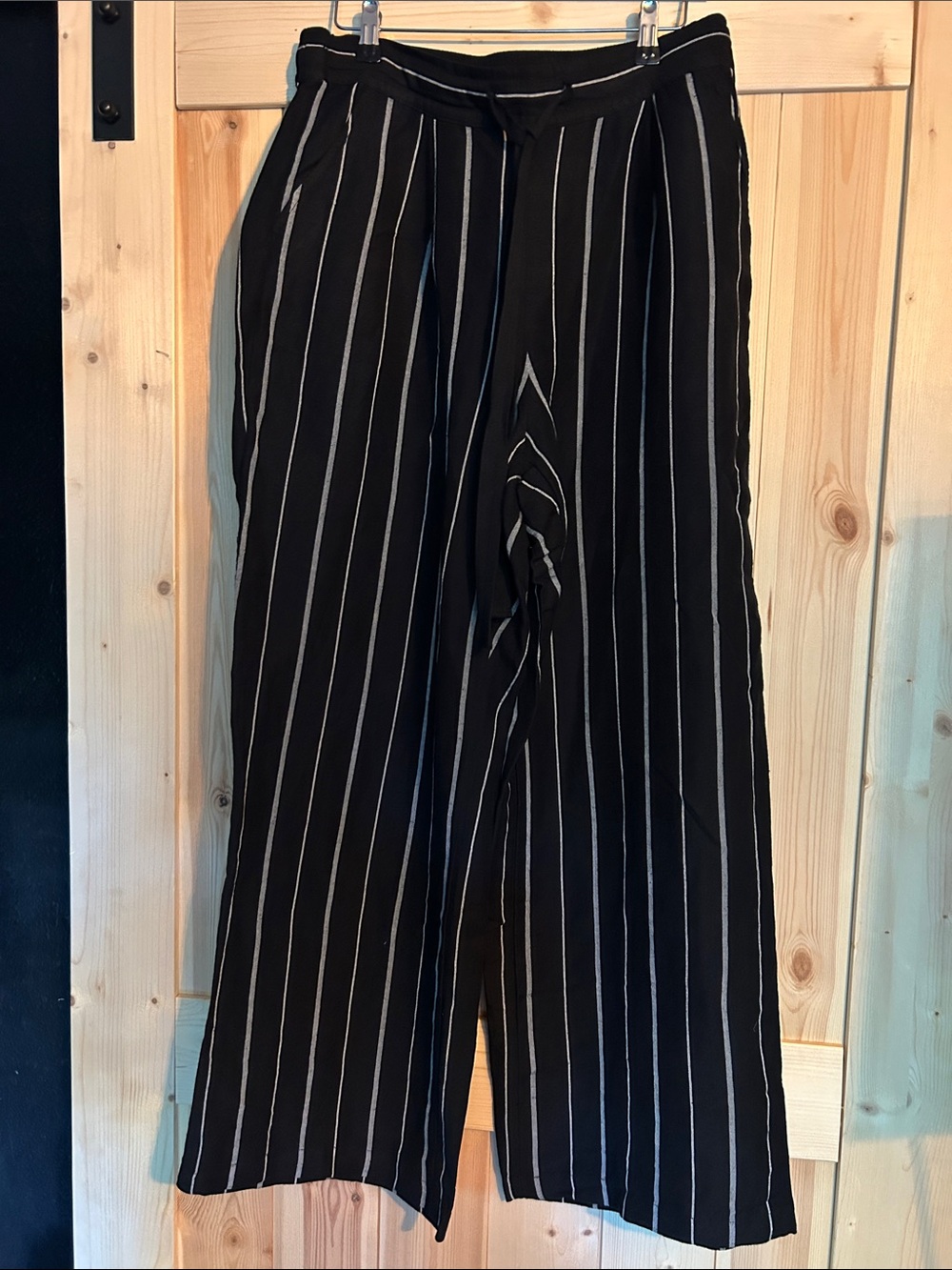 Black Linen Blend Wide-Leg Pinstripe Trousers